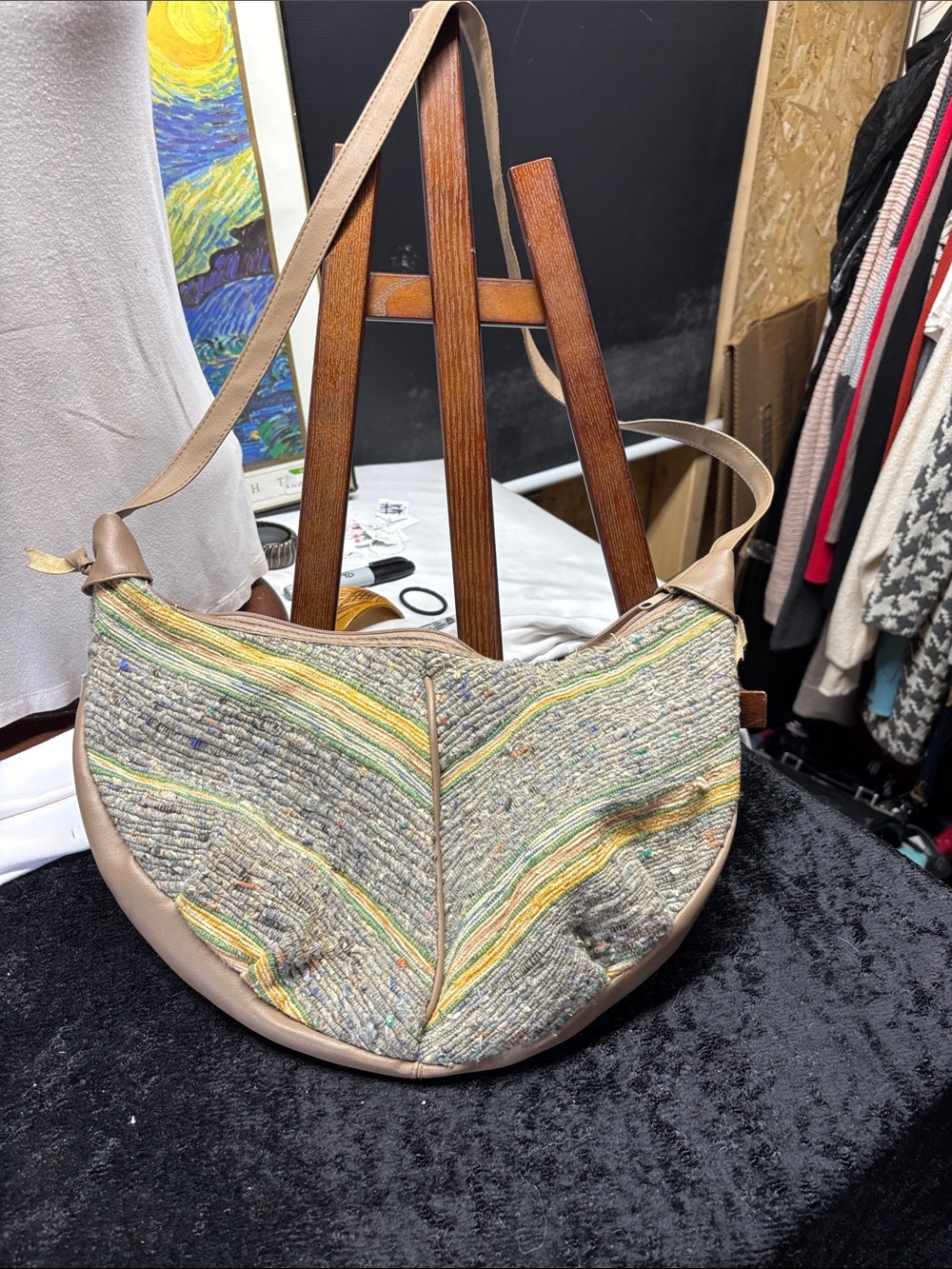 Bagland Neutral Woven Crescent Shoulder Bag with Green & Yellow Accents